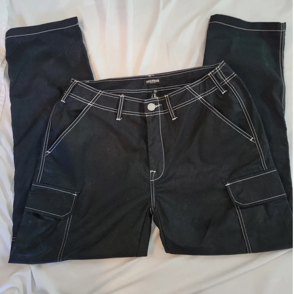 True Religion Mens Black Contrast Stitch Cargo Pants Size 34 Straight Leg